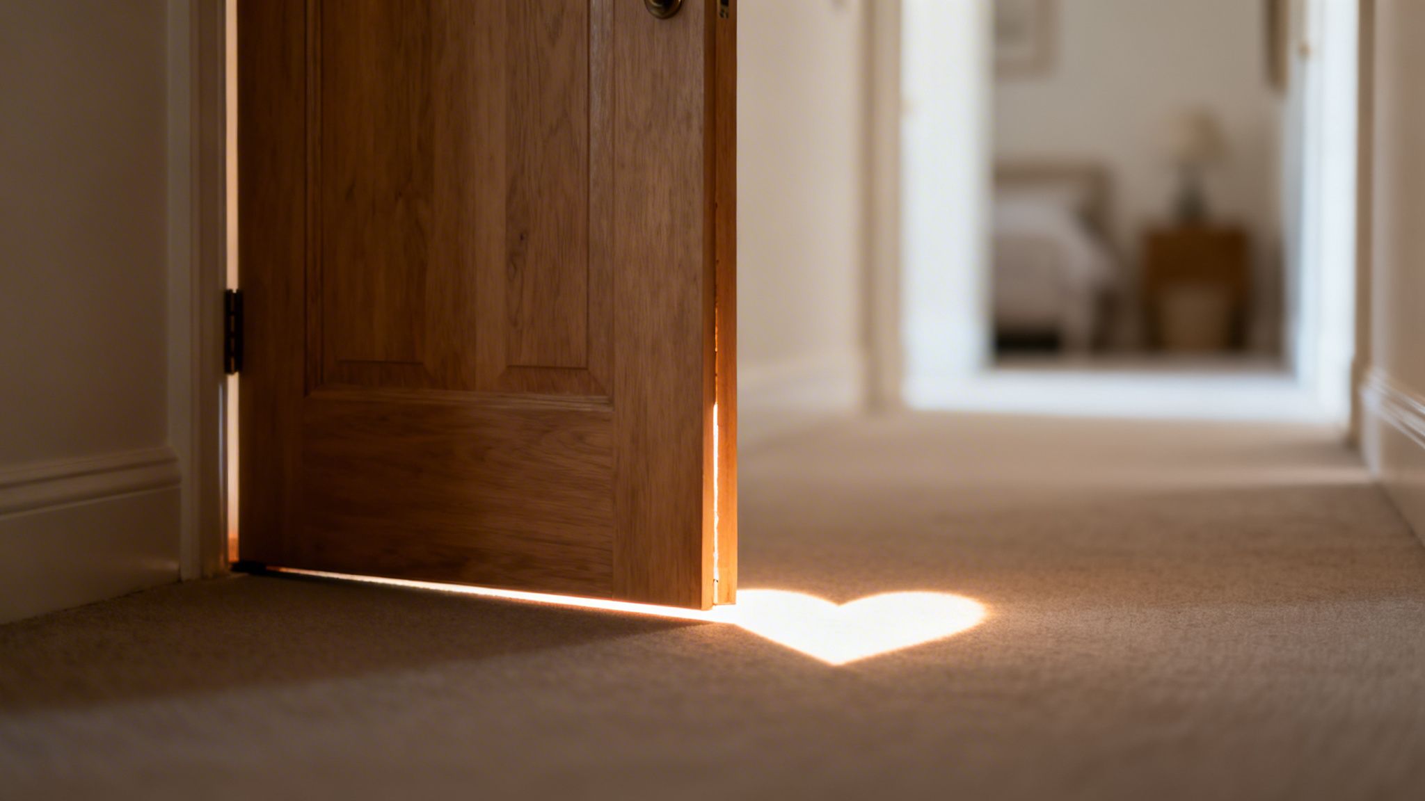 A heart-shaped light shines through a slightly open wooden door onto a soft carpet.