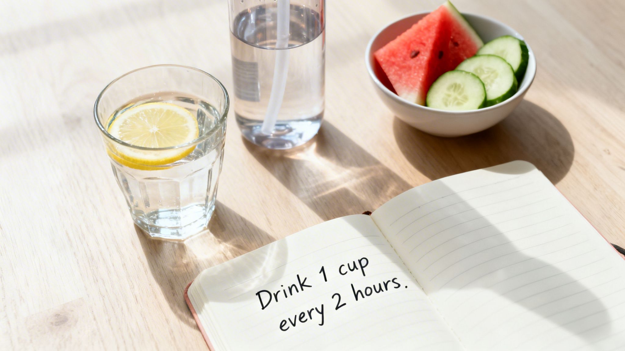 A flat lay shows a glass of lemon water, a water bottle, fruit, and a notebook with hydration notes.