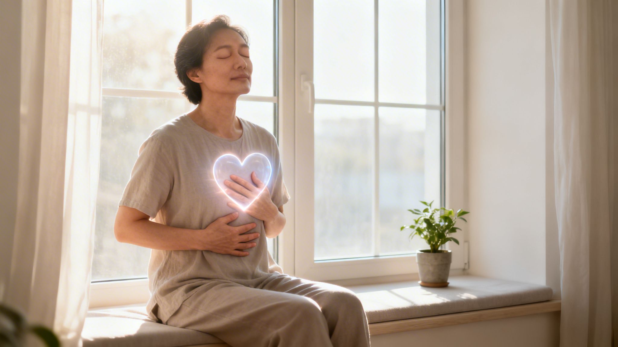 A serene person sits by a sunny window, hands over chest, with a glowing heart symbol.