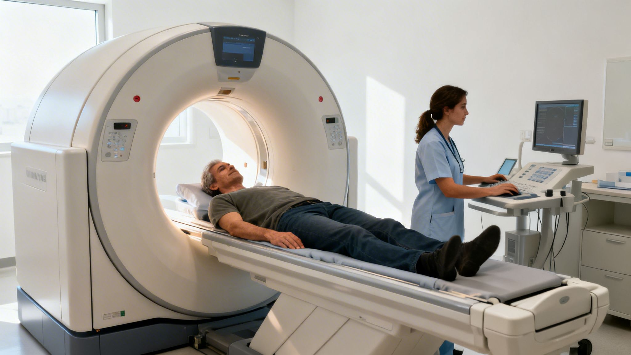 A male patient undergoes a CT scan, while a female technician operates the imaging machine.