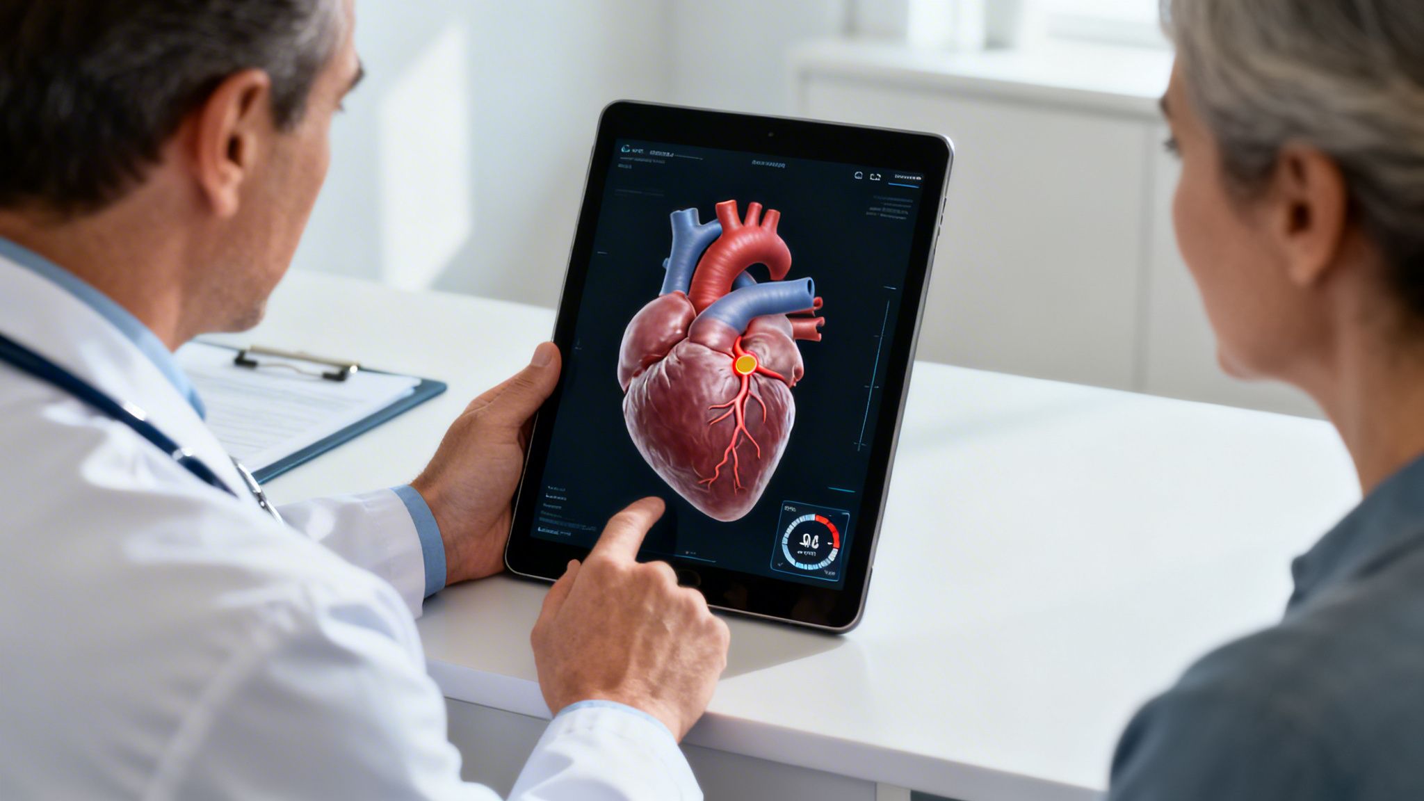 Doctor and patient viewing a 3D human heart model on a tablet for medical consultation.