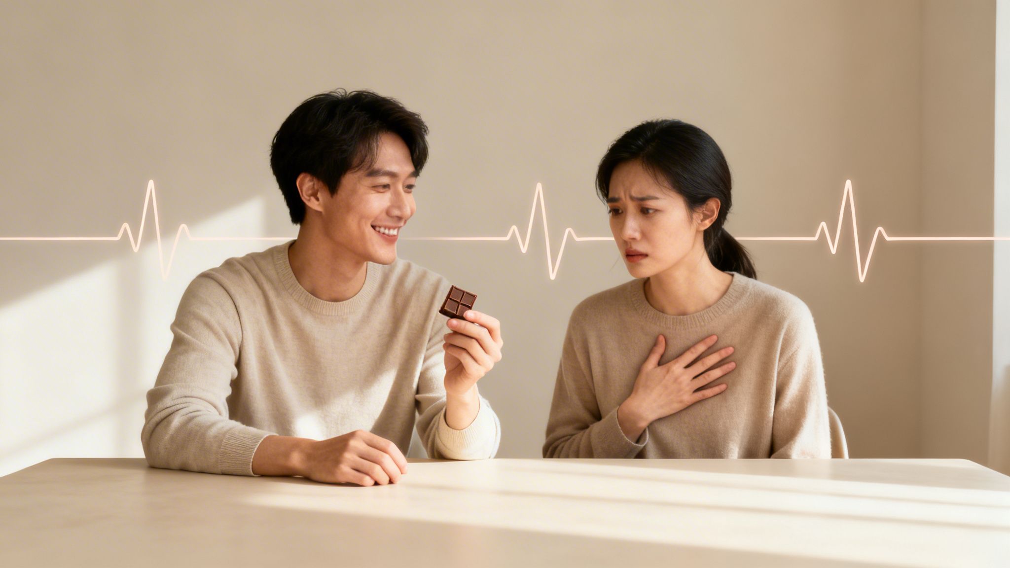 A man offers chocolate to a distressed woman clutching her chest, with a heart rate line.