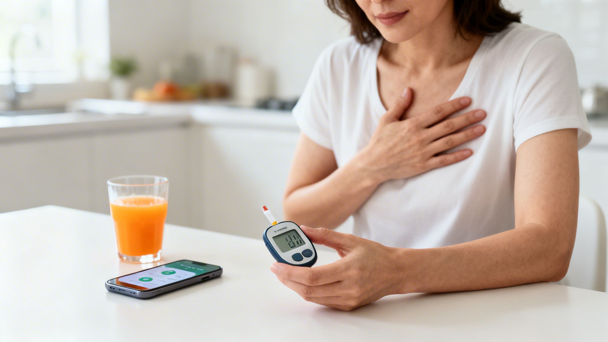A concerned woman checks her blood sugar with a glucometer, hand on chest, with orange juice nearby.