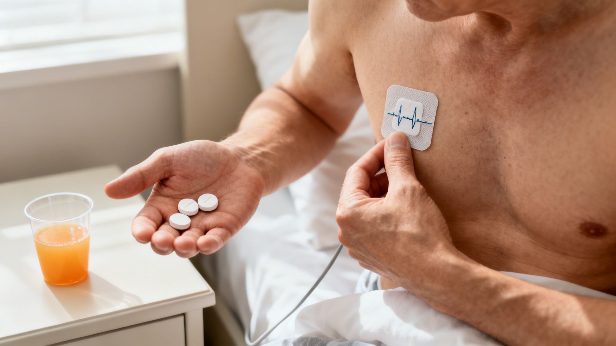 Man in bed holding three pills while touching an ECG patch on his chest, with a drink nearby.
