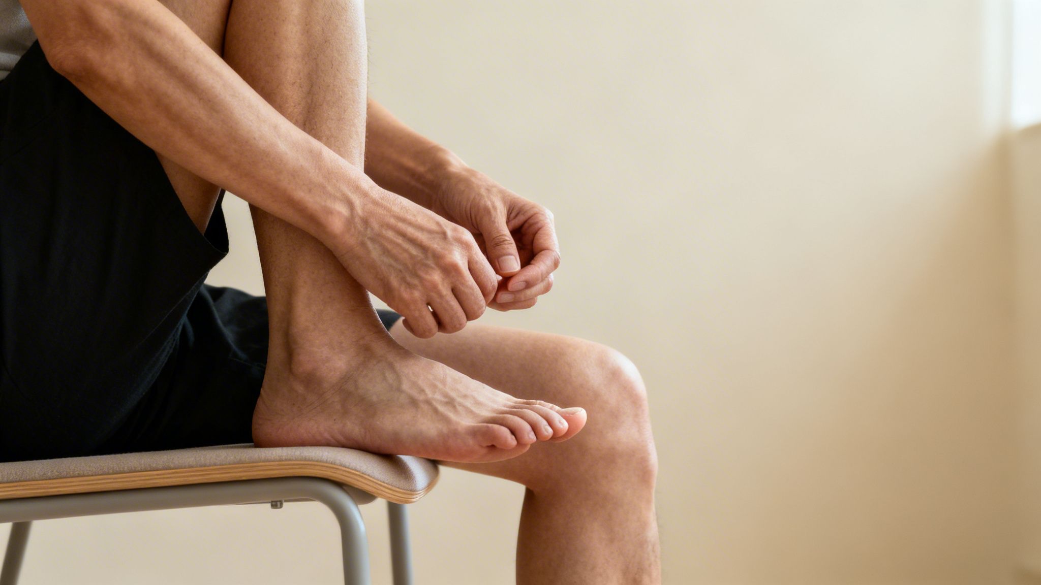 A person sits on a stool, hands busy near their bare foot, possibly adjusting something.