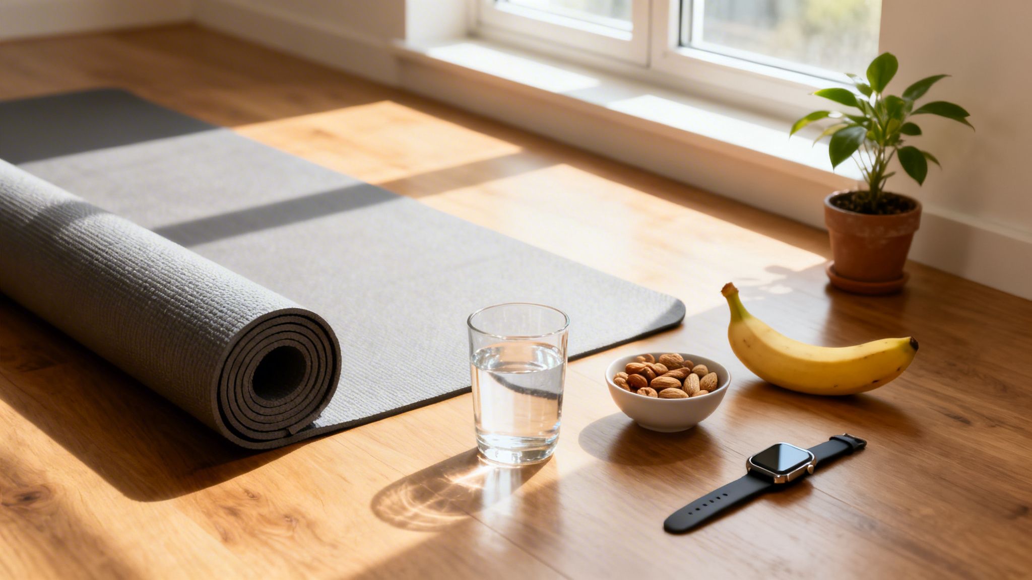 A grey yoga mat, water, almonds, banana, and smartwatch on a wooden floor, ready for a workout.