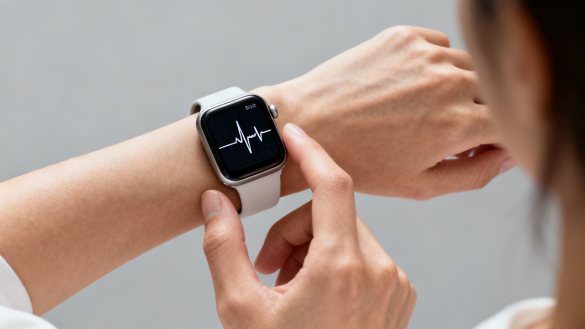 Close-up of a person checking their heart rate on a smartwatch displaying an ECG.