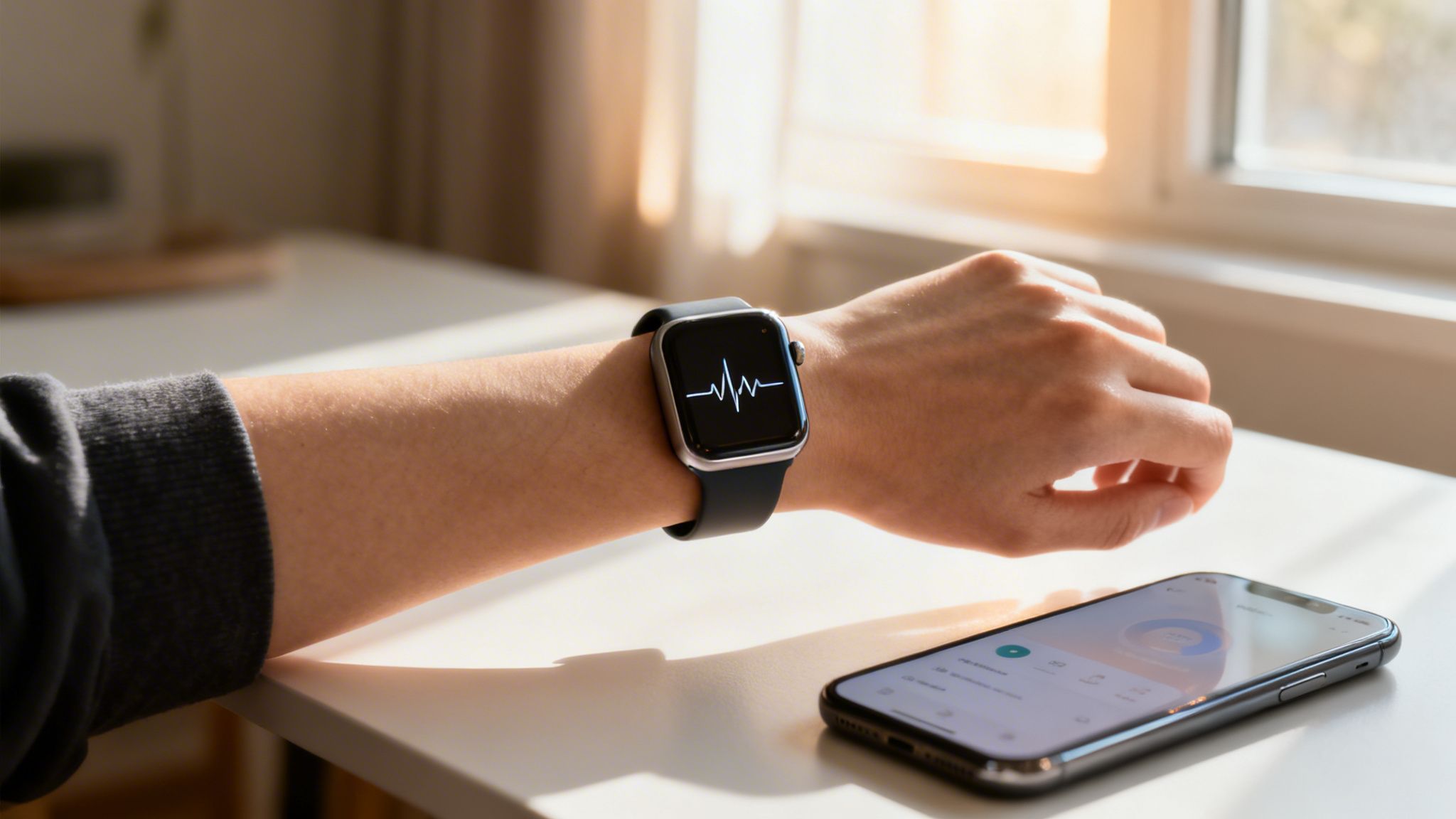 Close-up of a person's arm wearing a smartwatch displaying a heart rate graph, with a smartphone nearby.