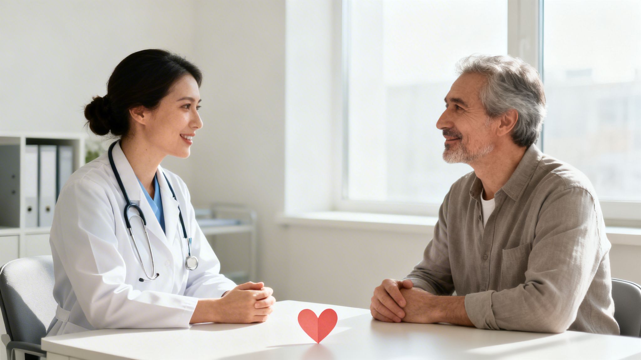A smiling female doctor consults an elderly male patient in a bright office, with a red heart symbol.