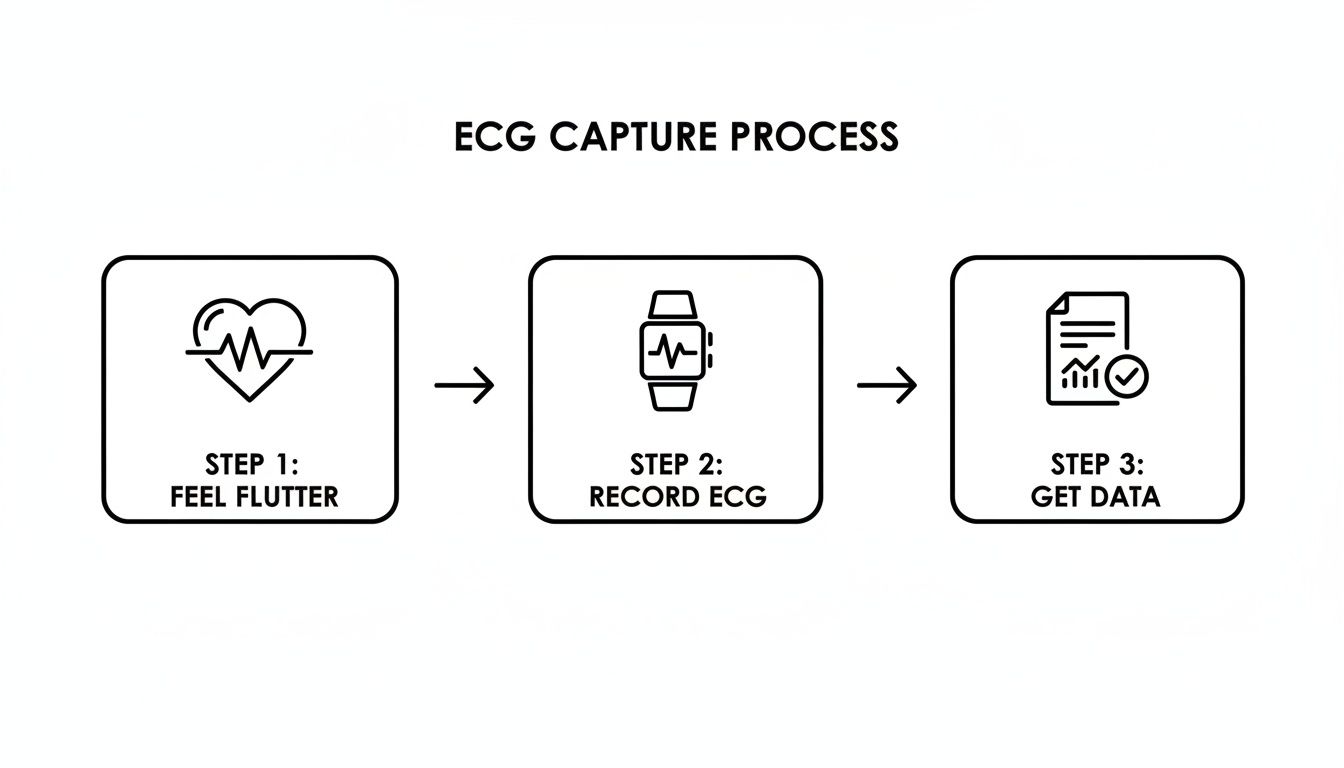 A three-step ECG capture process showing feeling flutter, recording ECG with a smartwatch, and getting data.