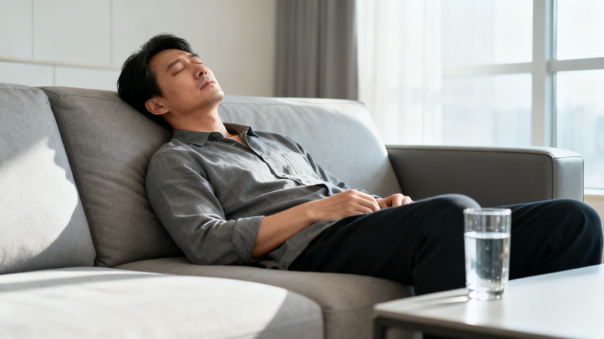 An Asian man in a grey shirt naps peacefully on a sofa, bathed in sunlight from a window.