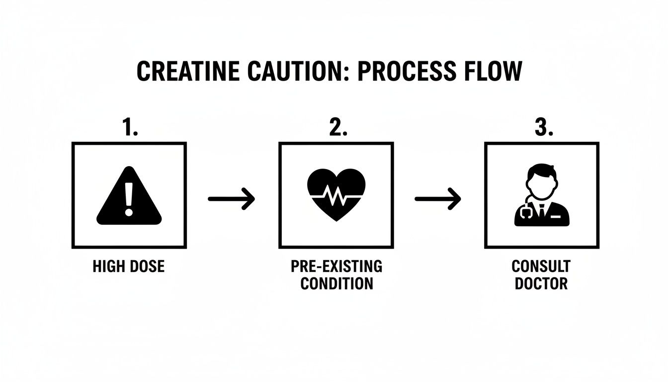 Flowchart explaining creatine caution: high dose or pre-existing condition leads to consulting a doctor.