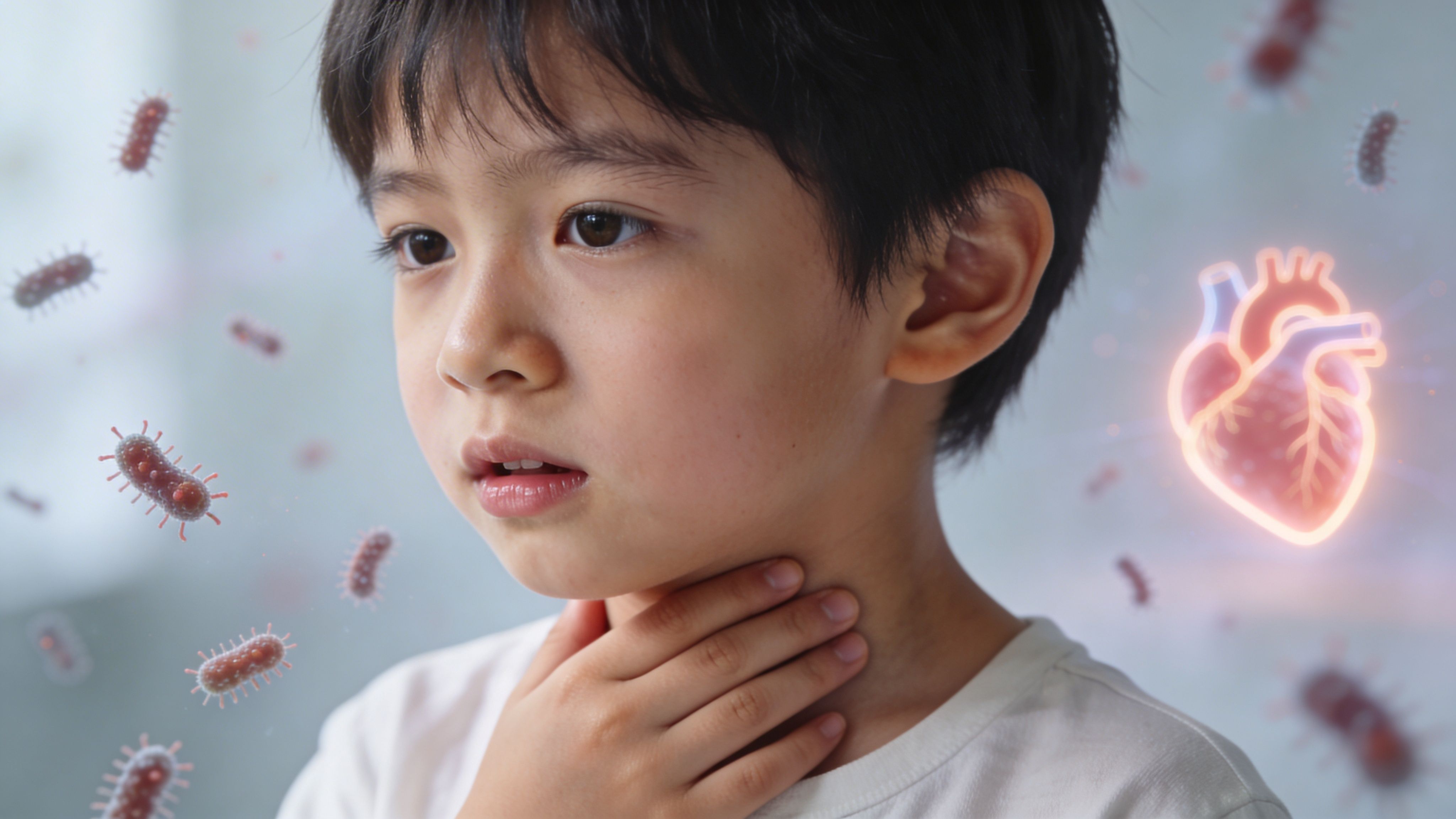 A young boy touching his throat feeling unwell, surrounded by floating bacteria and a glowing heart icon.