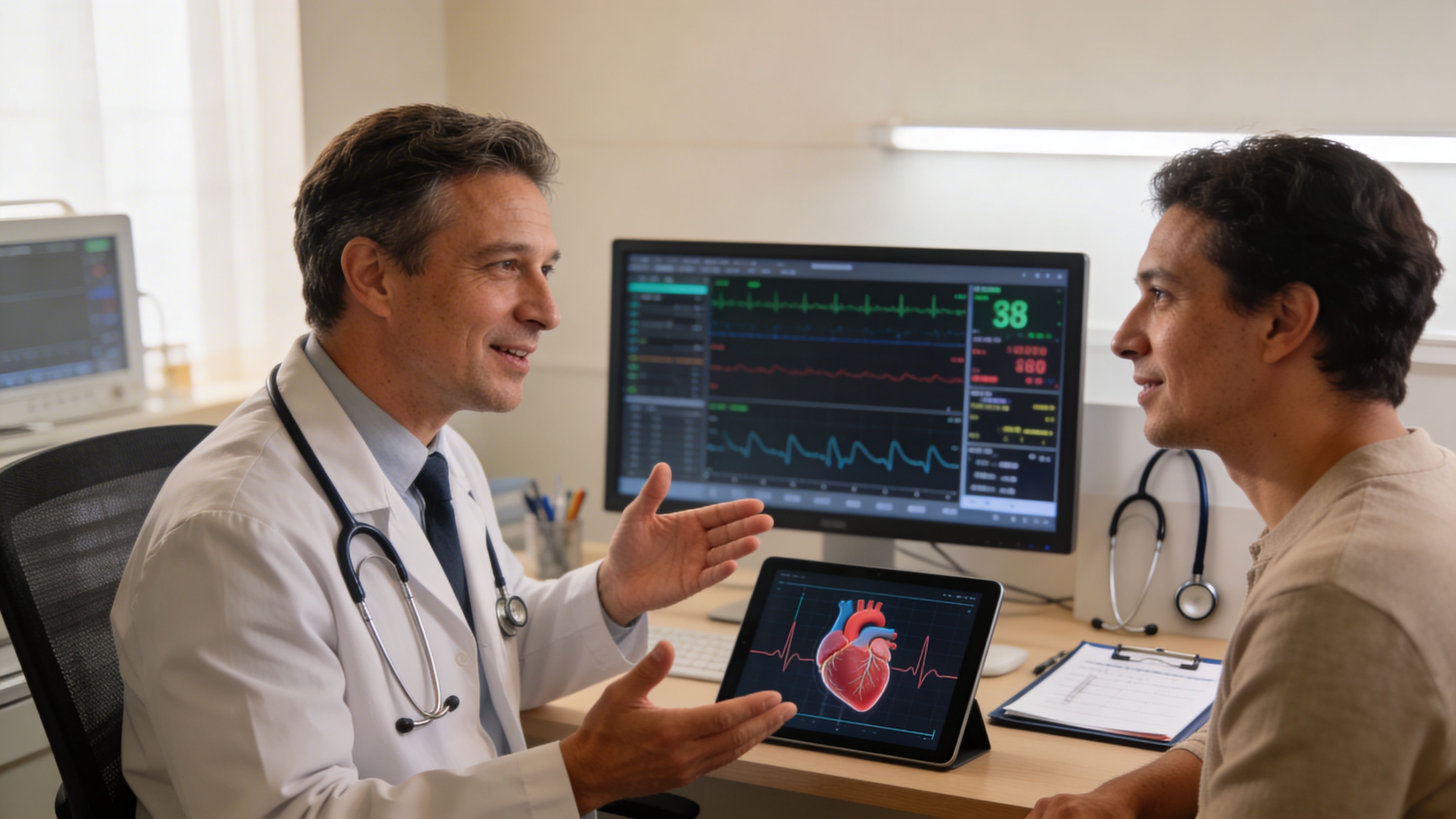 A male doctor explaining heart health to a patient using a digital tablet showing a heart model.