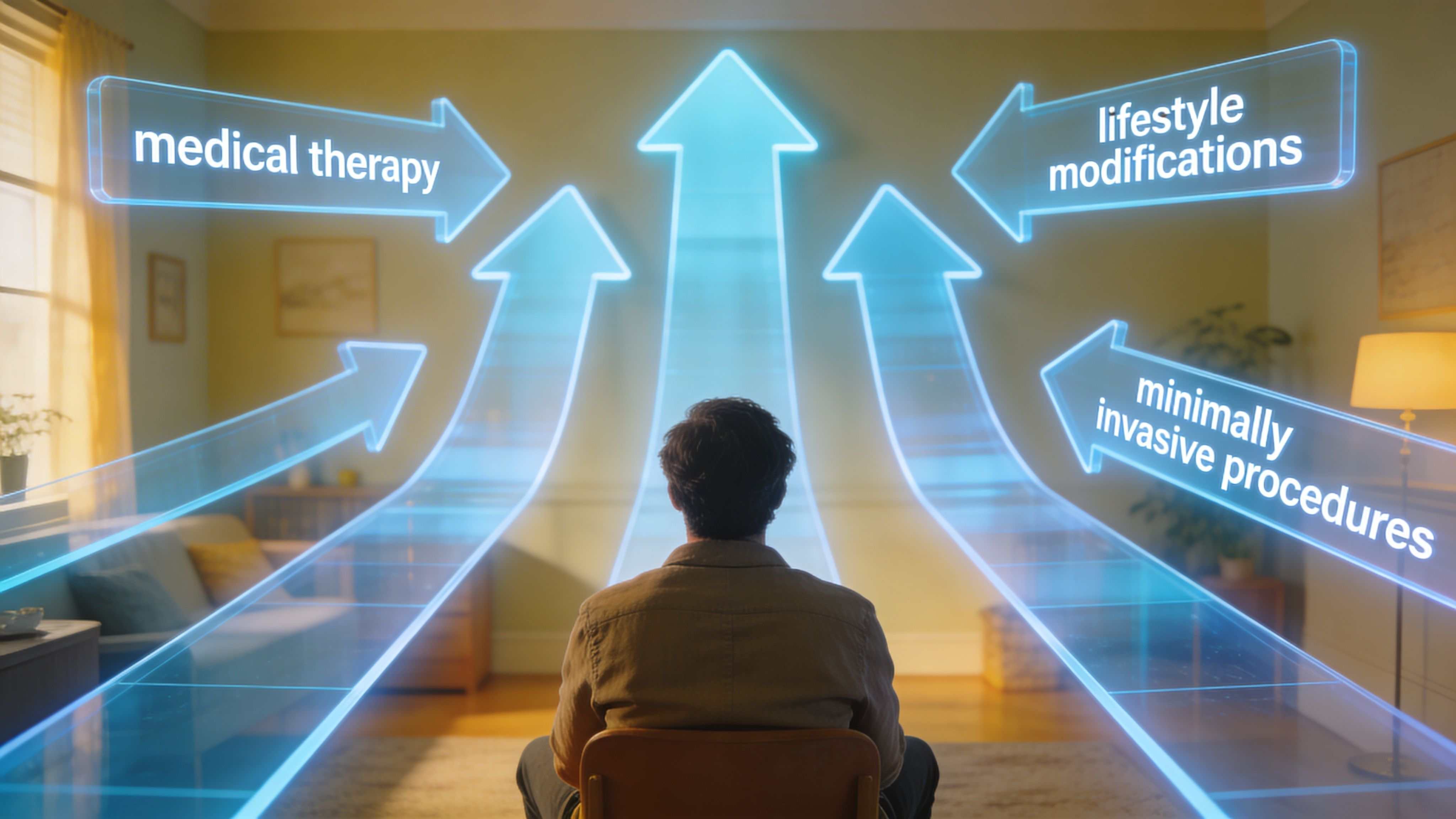 A person sitting in a room looking at holographic arrows labeled medical therapy, lifestyle modifications, and minimally invasive procedures.