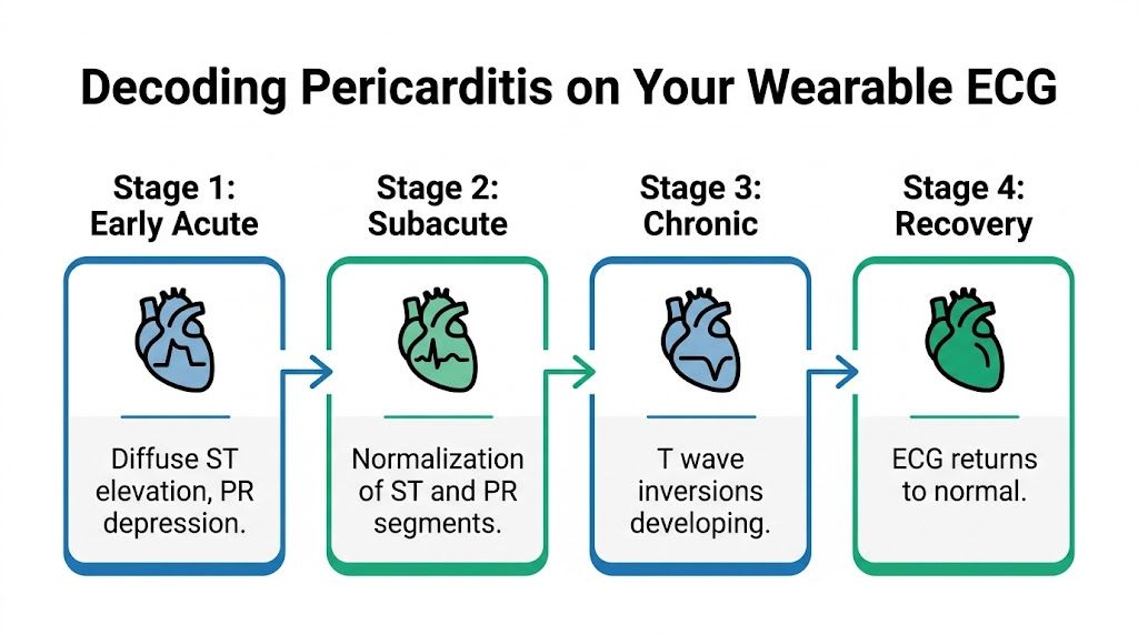 A diagram illustrating the four stages of pericarditis progression shown on a wearable ECG device.