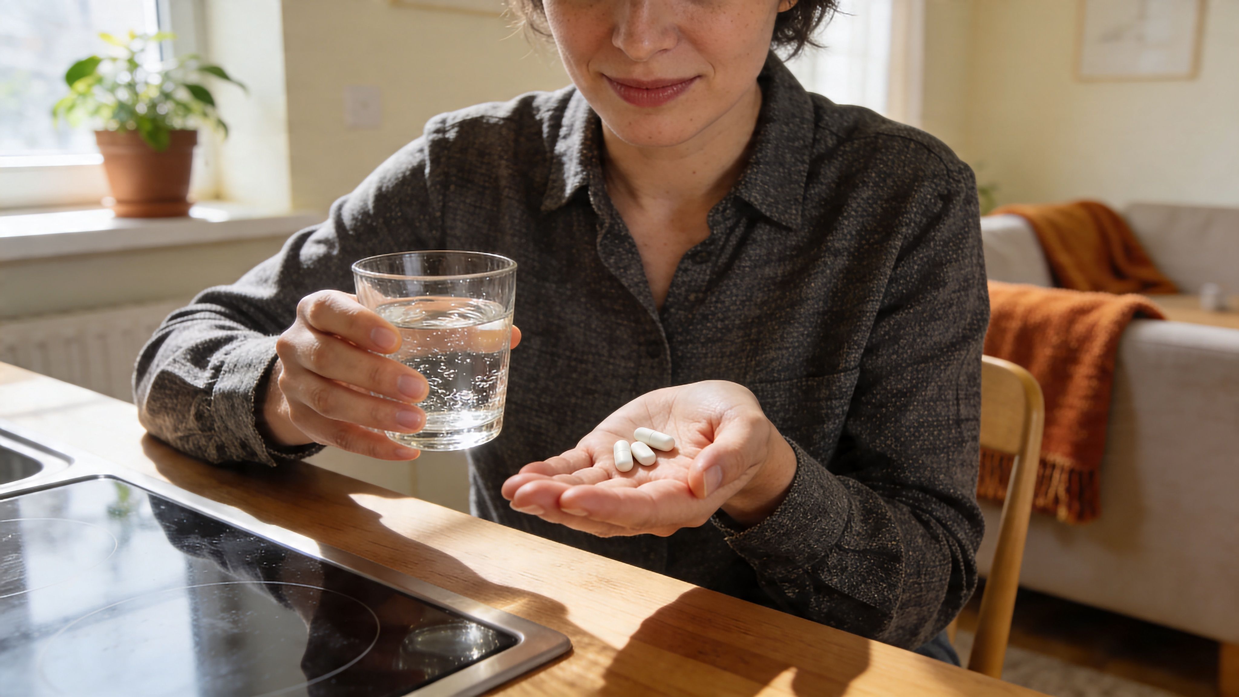 A person holding a glass of water and several white capsules in their hand, preparing to take medication.
