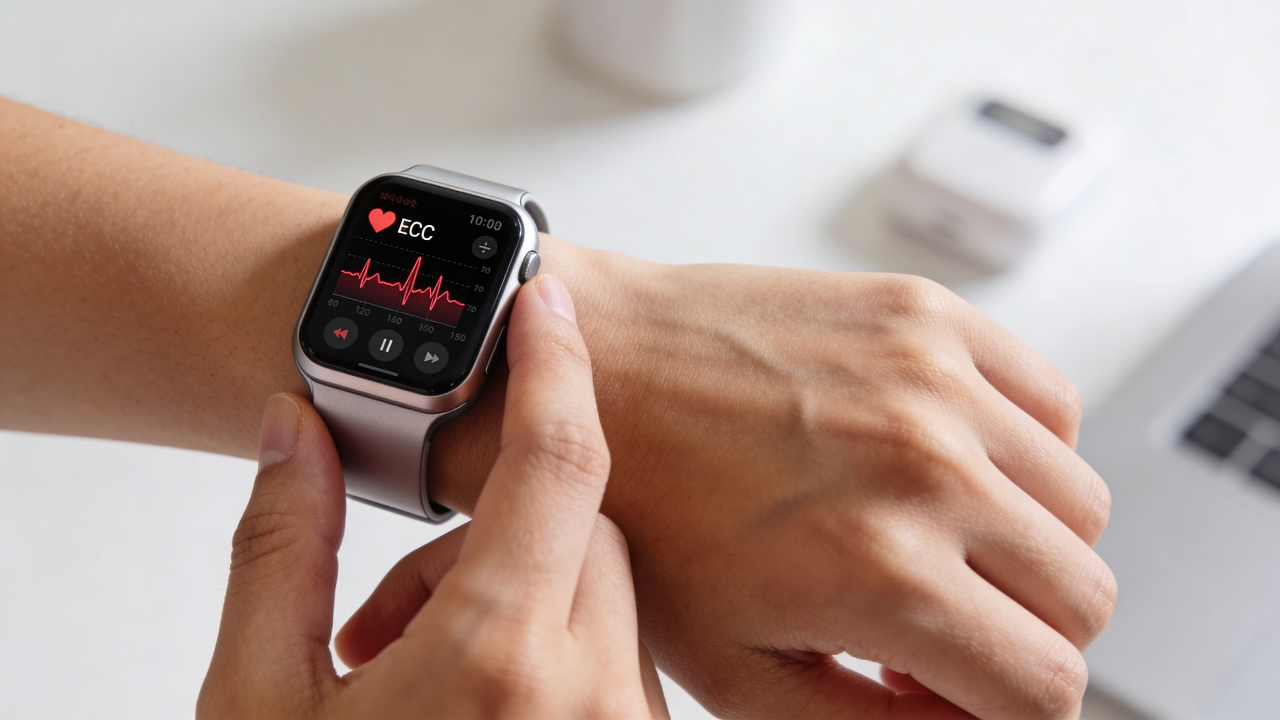 A person checking their heart health using an ECG application on a modern silver smartwatch.