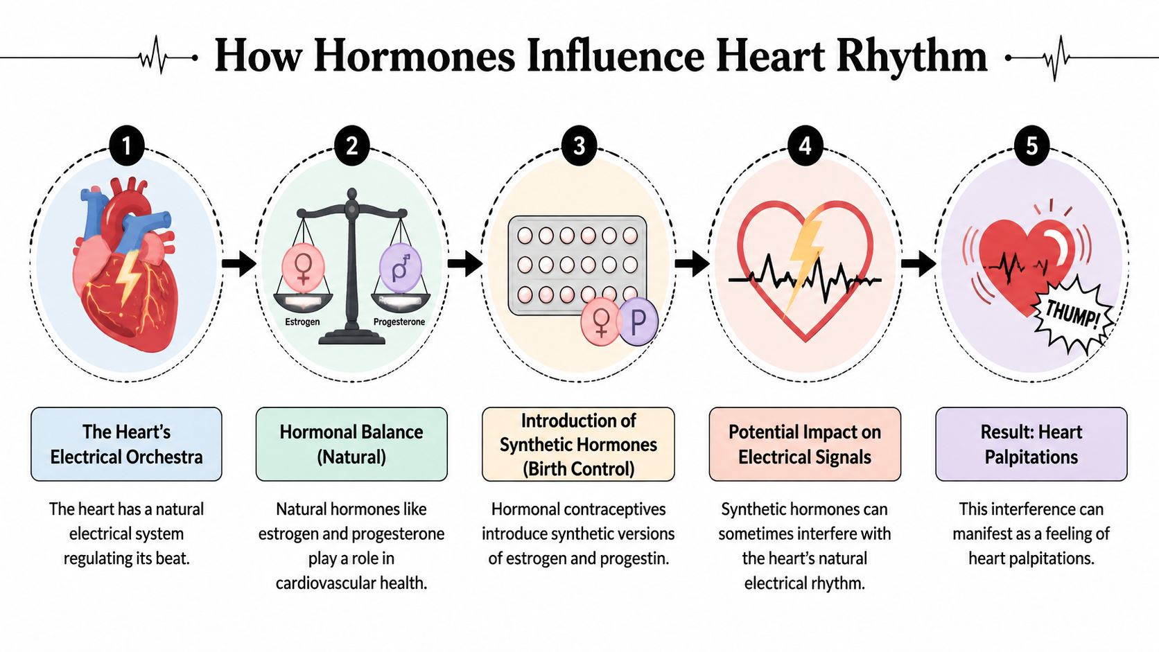 An infographic showing how synthetic hormones from birth control pills can potentially influence heart rhythm and cause palpitations.
