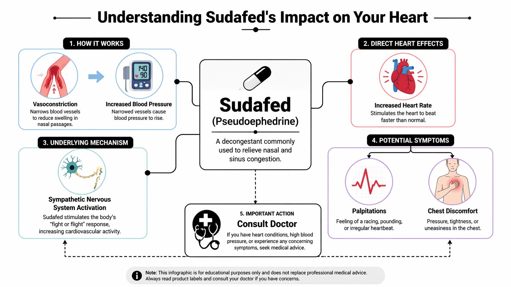 An infographic explaining how Sudafed affects the heart, including mechanisms, direct effects, and potential symptoms.