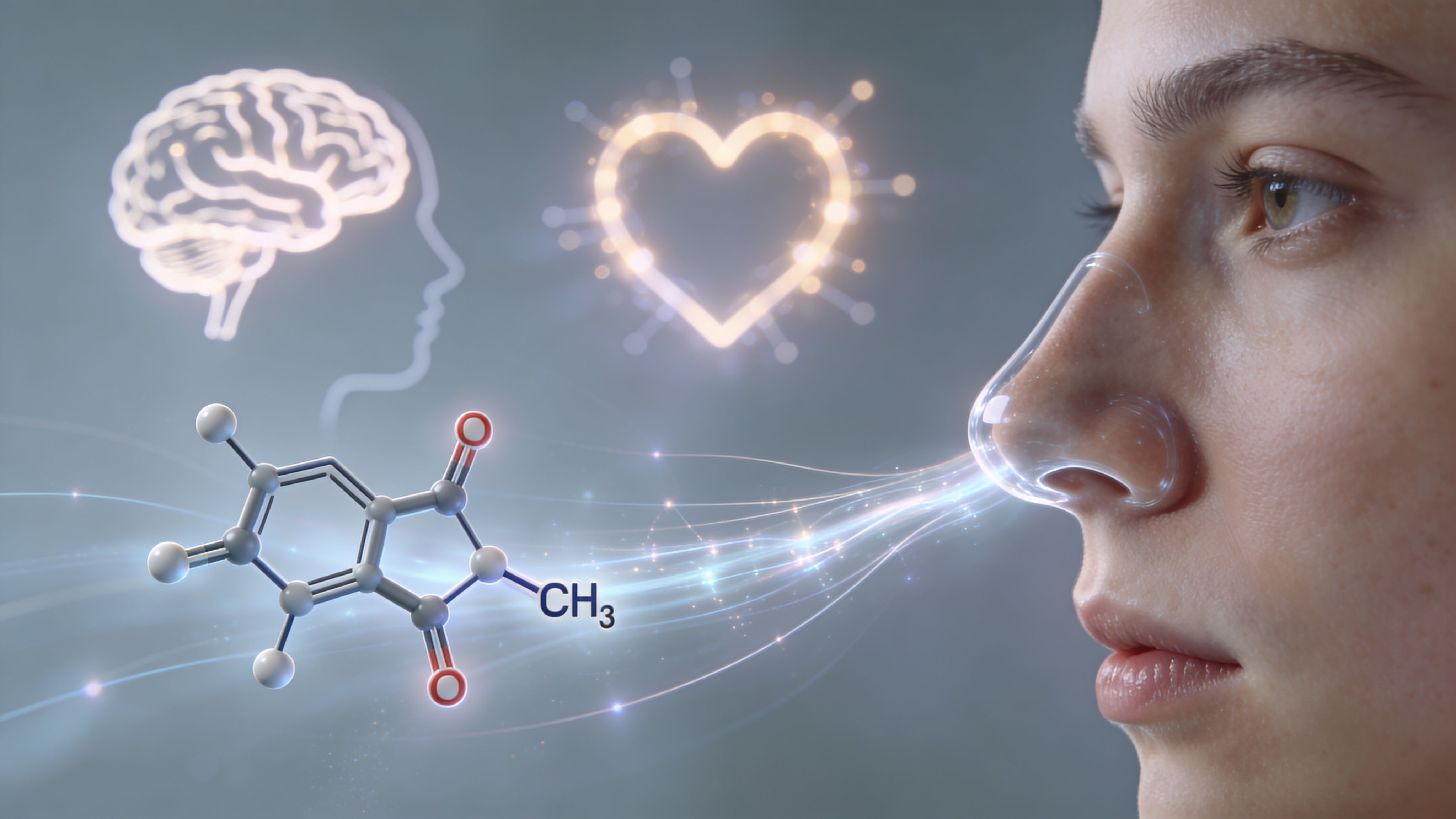 A conceptual illustration of a molecule interacting with a human nose, representing nasal medication absorption and systemic effects.