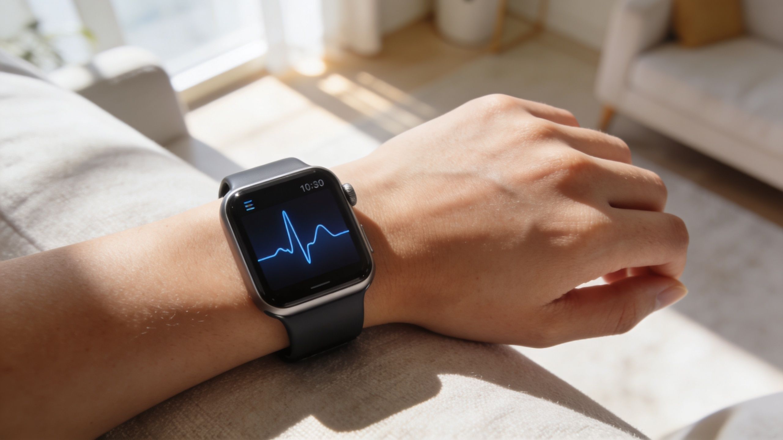 A person checking their heart rate on a black smartwatch while relaxing on a beige sofa at home.