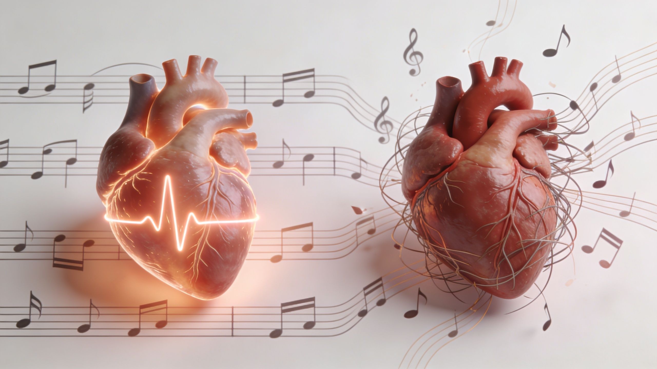 A 3D illustration depicting a healthy glowing heart and a realistic heart intertwined with chaotic musical notes.