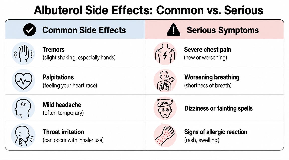 A chart comparing common side effects and serious symptoms of albuterol medication, including tremors and chest pain.