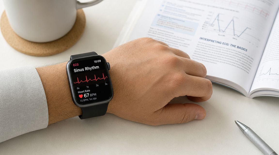 A person wears an Apple Watch showing an ECG reading on their wrist near a textbook.