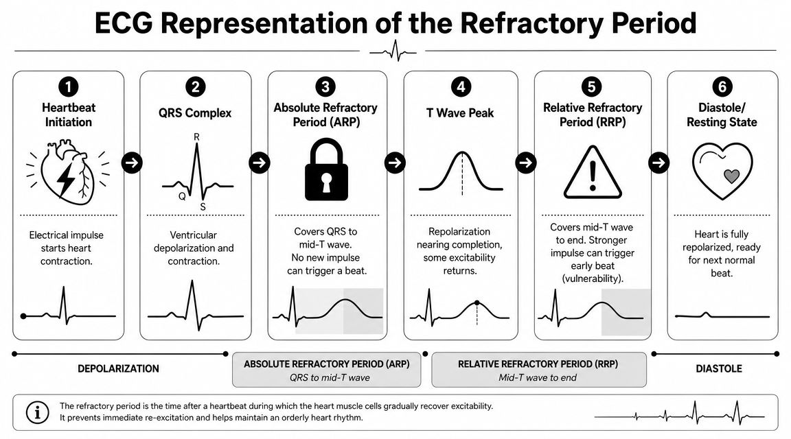 A diagram illustrating the ECG representation of cardiac refractory periods, from heartbeat initiation to the resting state.