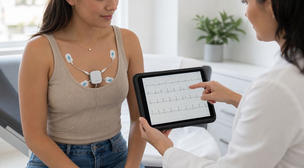 A doctor explaining a cardiac ECG test results on a tablet to a female patient in a clinic.