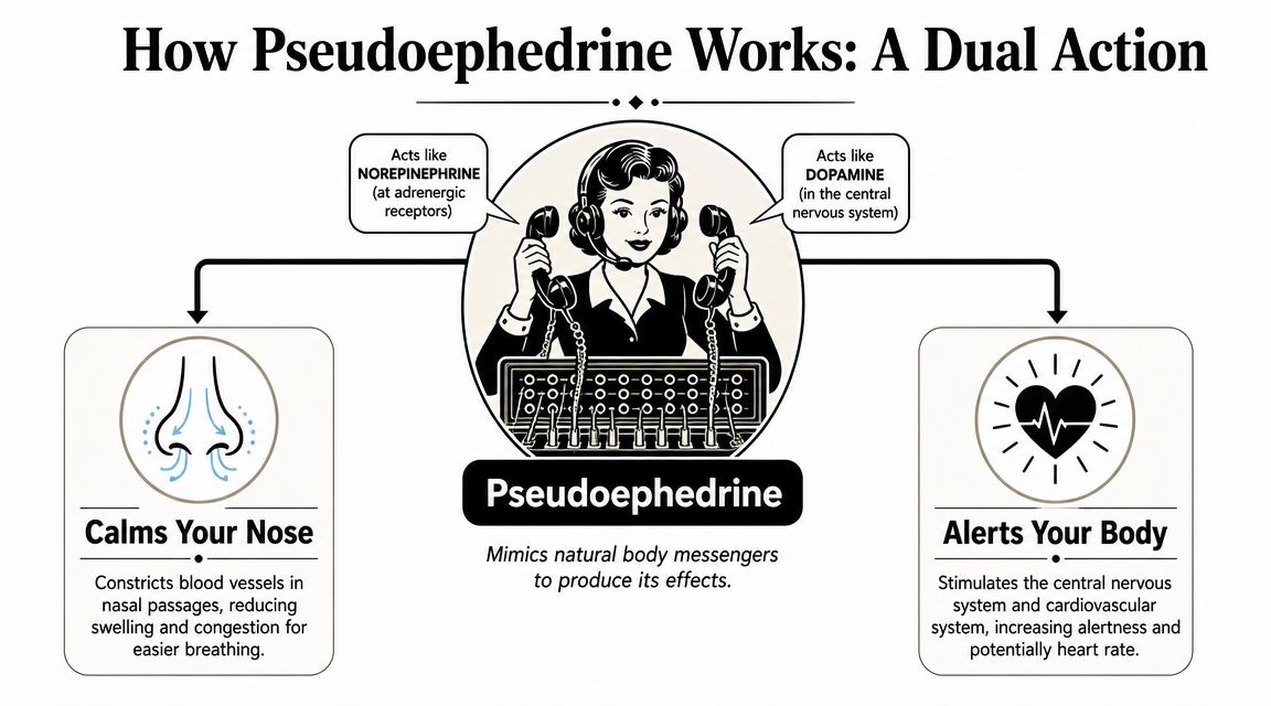 An infographic titled How Pseudoephedrine Works illustrating its dual action on the nasal passages and nervous system.