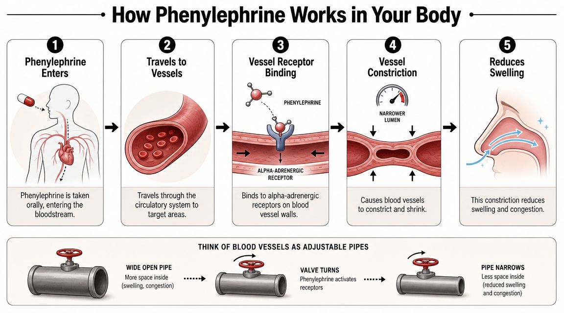 An infographic showing the five-step process of how phenylephrine works to reduce nasal congestion in the body.