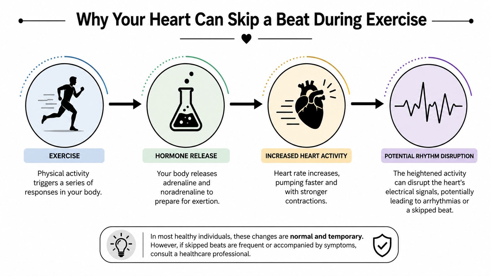 A flowchart infographic explaining how physical exercise can trigger hormone releases and potential temporary heart rhythm changes.