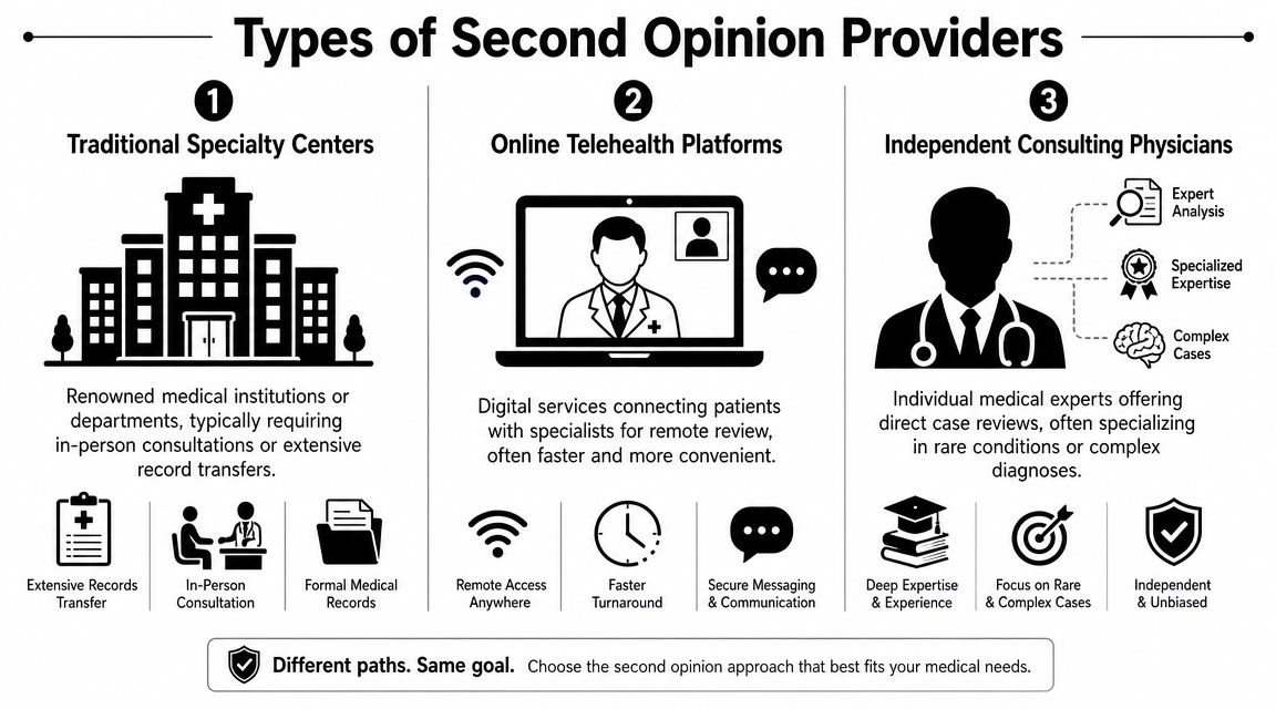 An infographic showing three different types of medical second opinion providers with their respective features and benefits.