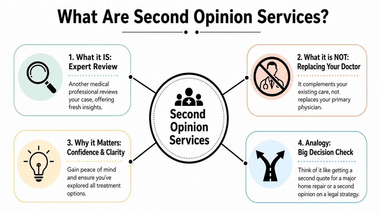 An infographic titled What Are Second Opinion Services, explaining their function, purpose, and providing an analogy.