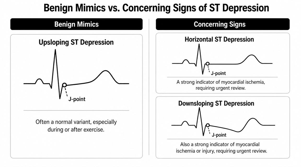 A diagram comparing benign upsloping ST depression versus concerning horizontal and downsloping ST depression in electrocardiograms.