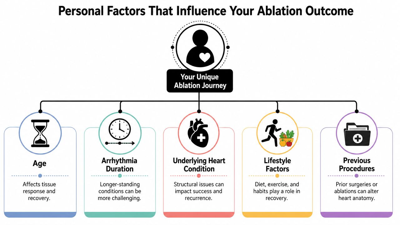 A diagram illustrating five personal factors, including age and lifestyle, that influence heart ablation procedure outcomes.