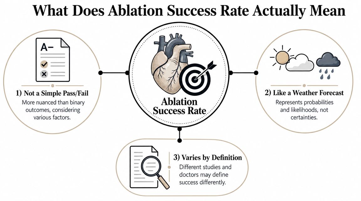 An infographic explaining that cardiac ablation success rates are probabilistic, nuanced, and defined differently across medical studies.