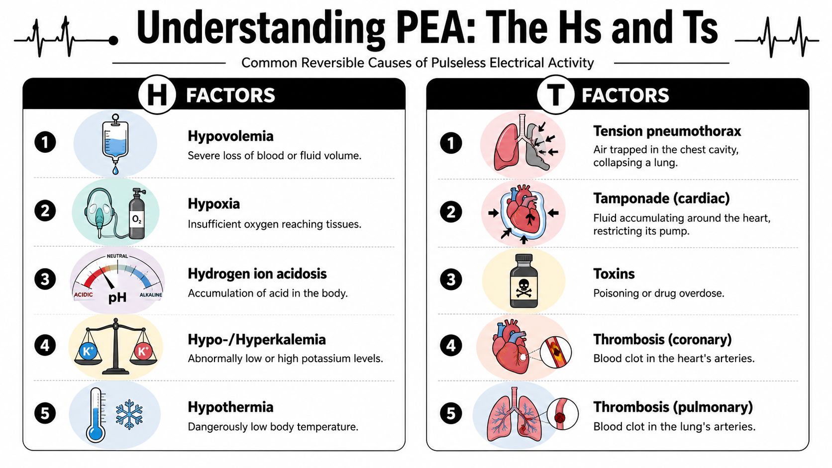 An educational infographic outlining the H and T factors that represent reversible causes of pulseless electrical activity.