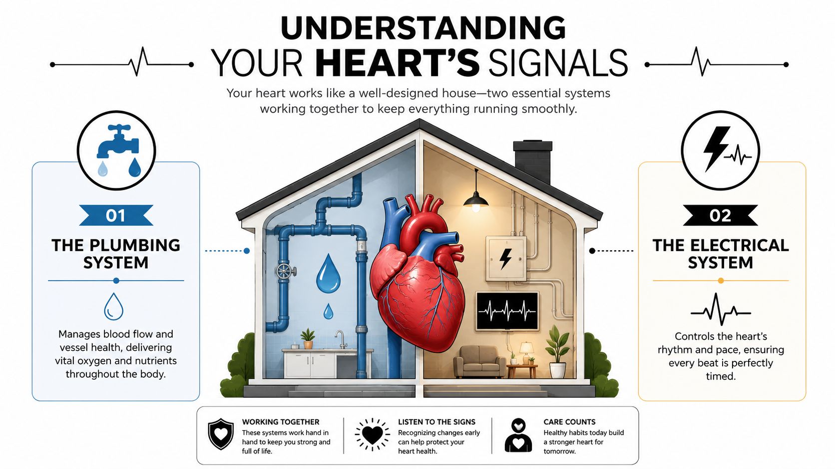 An infographic showing the heart as a house, explaining the plumbing and electrical systems of the body.