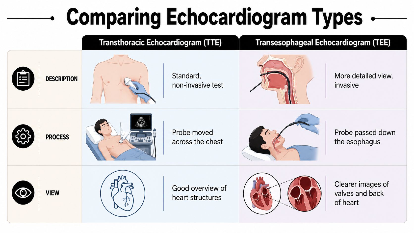 A comparison chart showing the differences between transthoracic and transesophageal echocardiogram procedures for heart health diagnostics.