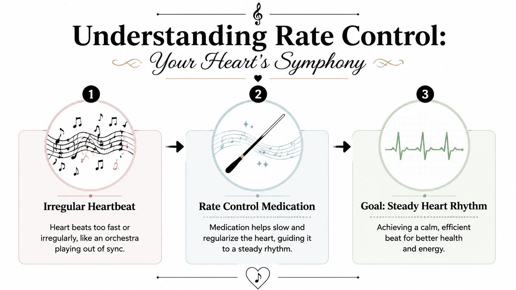 A visual guide explaining how rate control medication stabilizes an irregular heartbeat into a steady rhythm.
