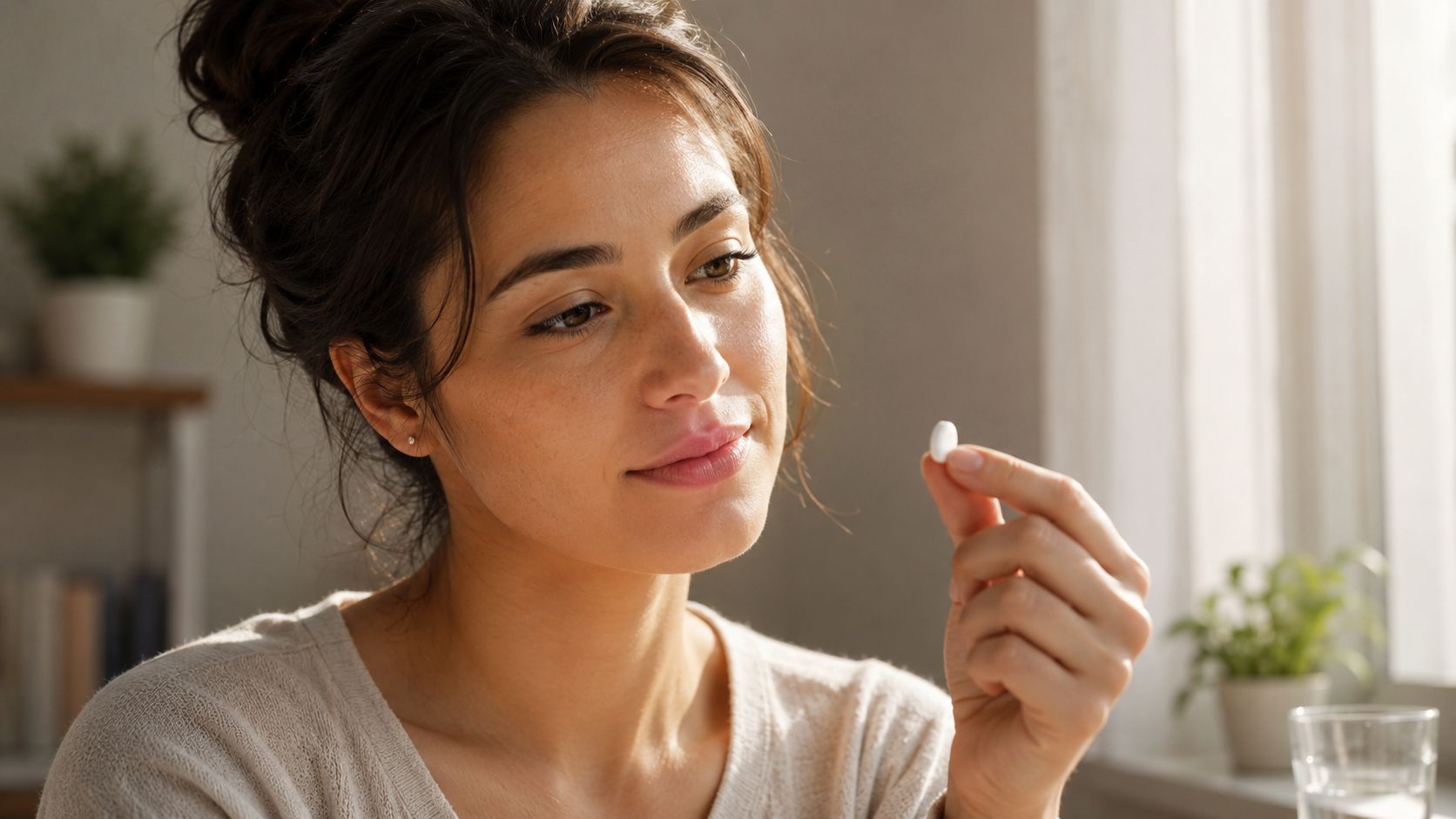 A woman holding a small white pill while considering her rate control medication in a bright room.