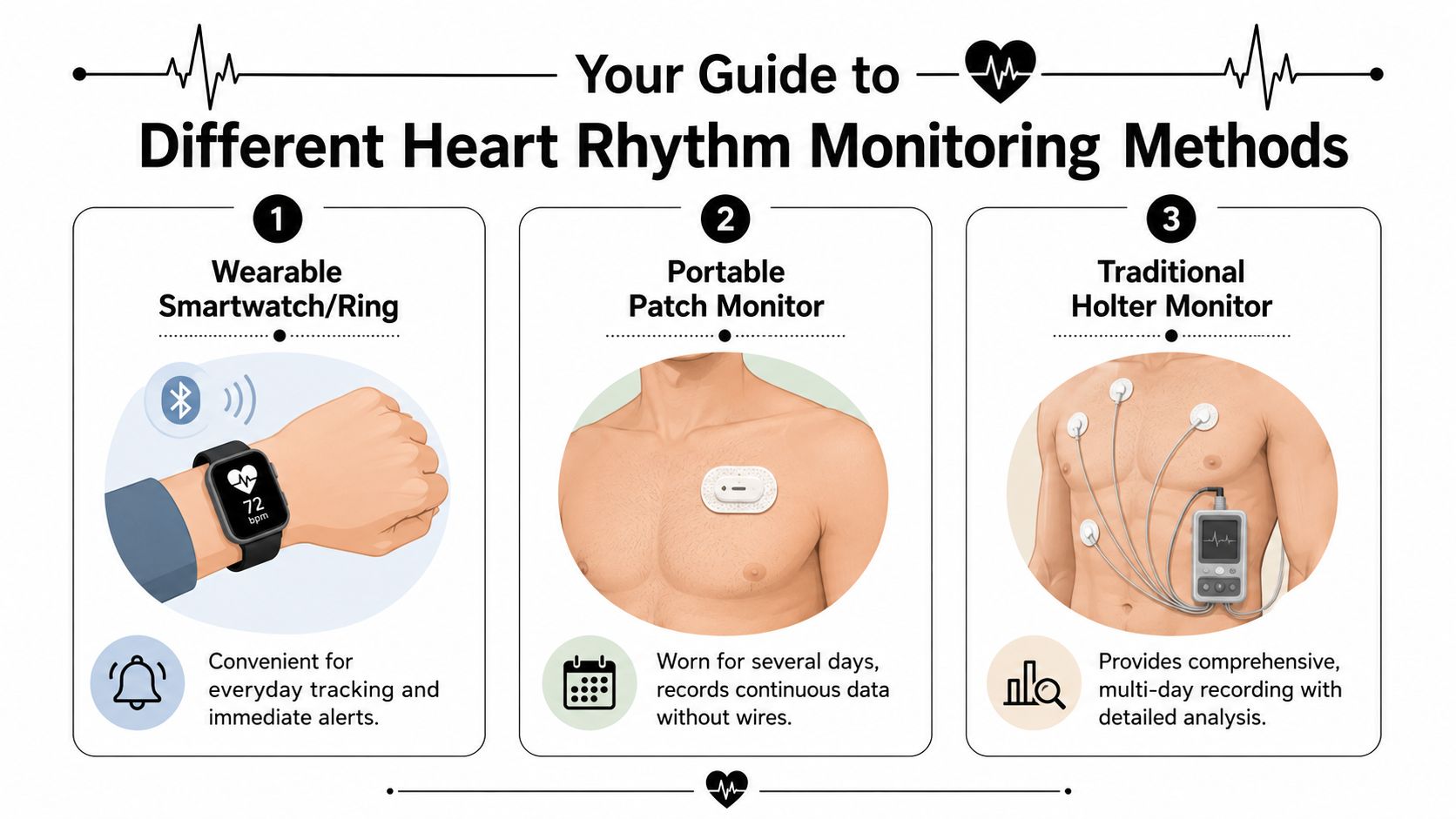 An infographic detailing three different types of medical heart rhythm monitoring methods, including wearables, patches, and Holters.