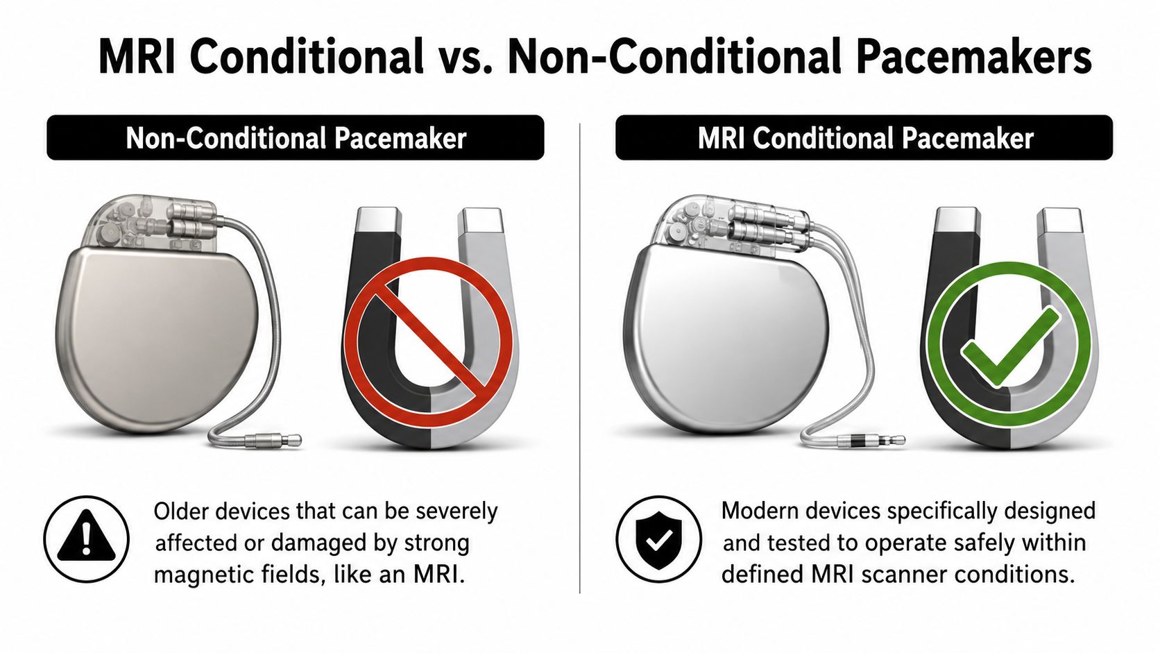 A comparison graphic showing non-conditional versus MRI conditional pacemakers with magnets and safety icons.