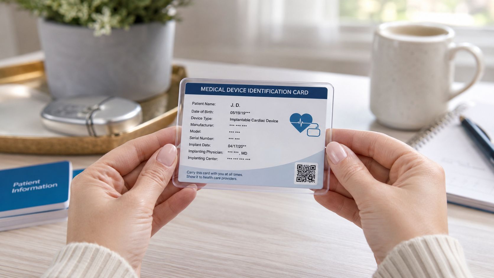 Hands holding a medical device identification card for an implantable cardiac device on a desk.