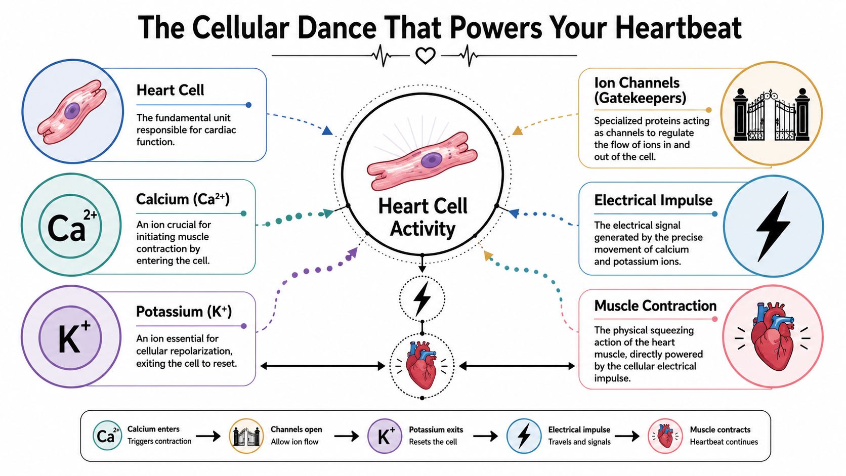 An infographic showing the cellular mechanisms of heartbeats involving calcium, potassium, ion channels, and muscle contraction.