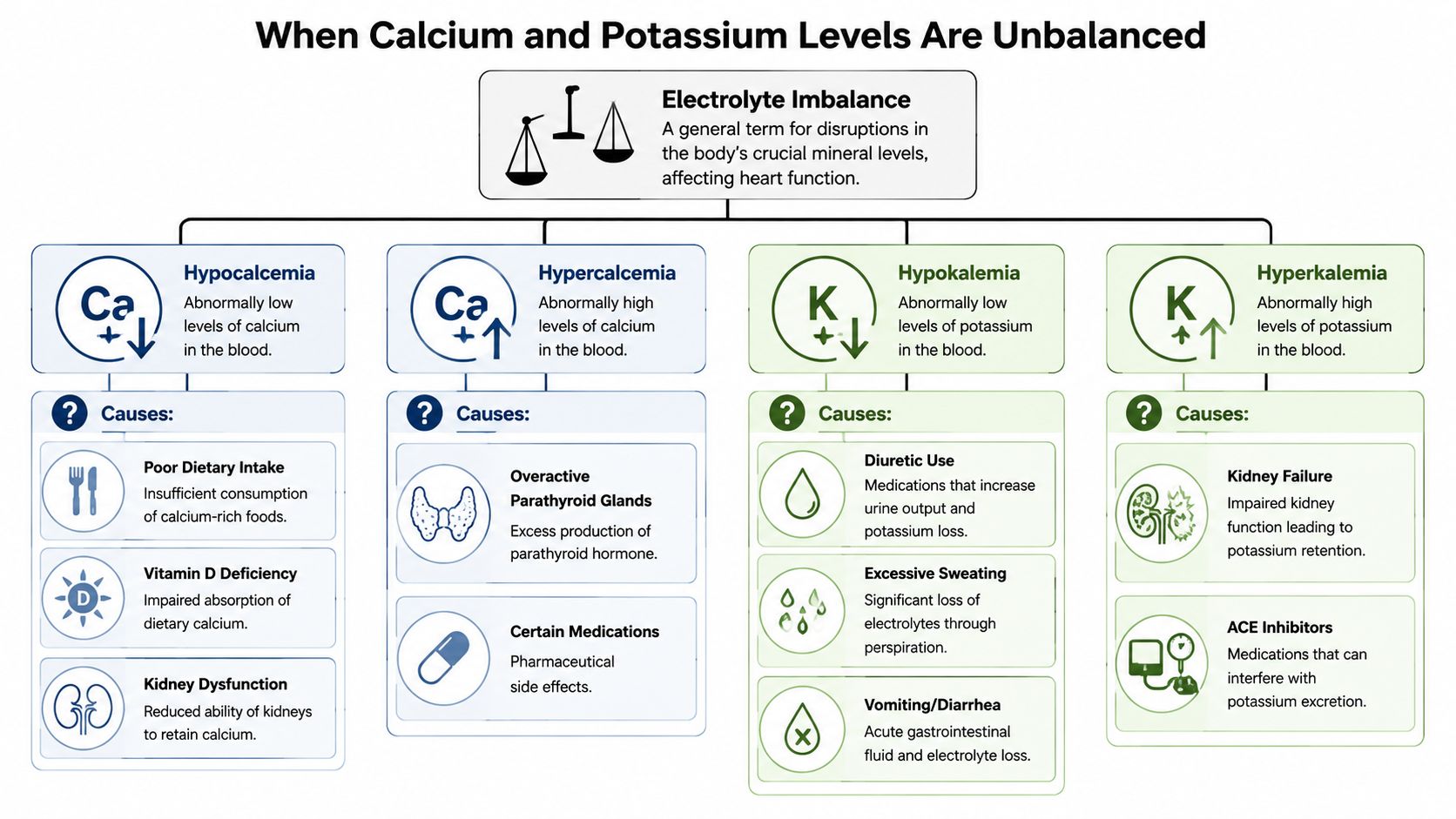 An infographic showing the causes of electrolyte imbalances, specifically abnormal calcium and potassium levels in the blood.