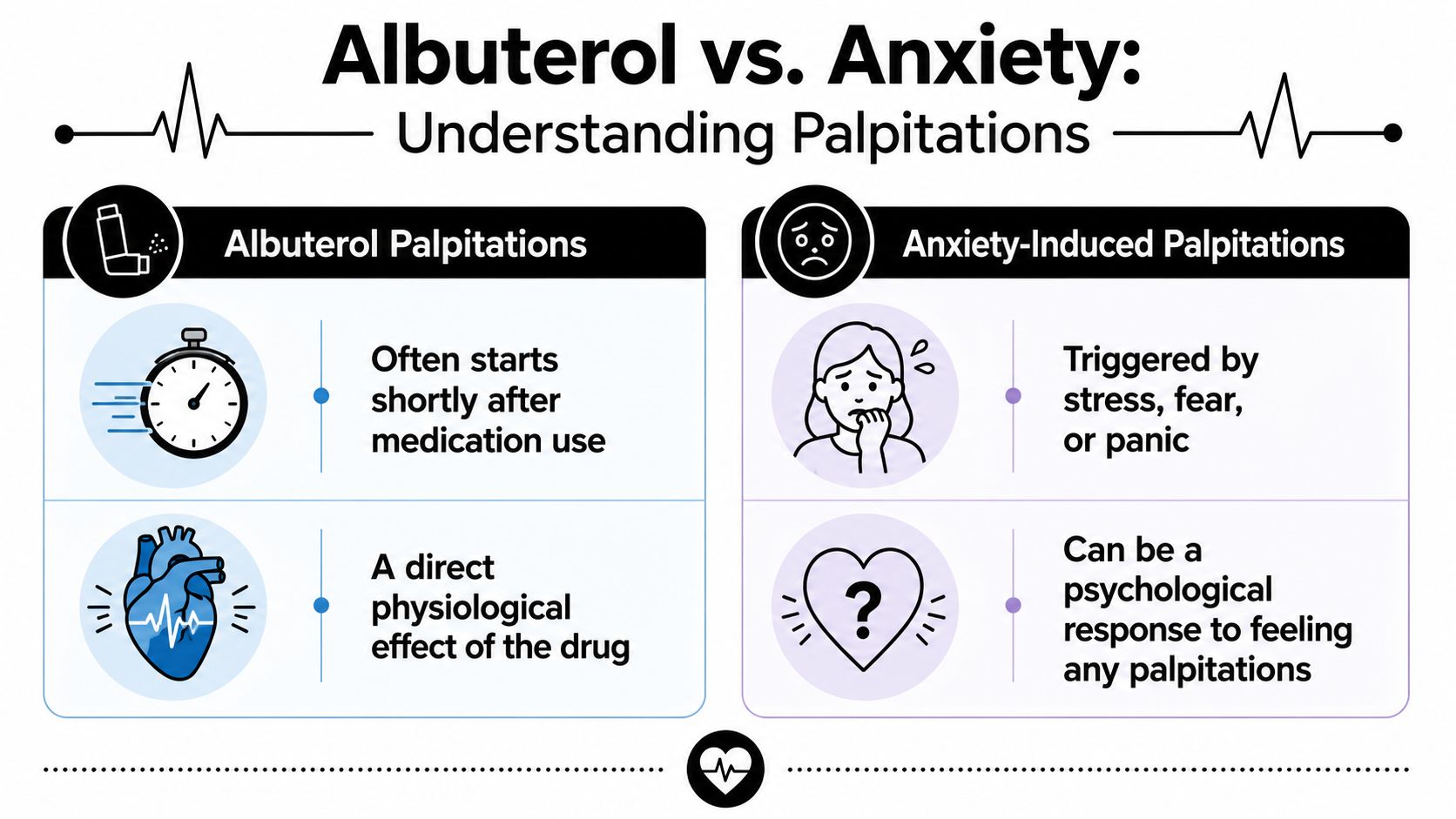 An infographic comparing heart palpitations caused by albuterol medication versus those triggered by anxiety and stress.